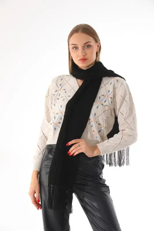 Women's Thessaloniki Knit Black Scarf-Black - 2