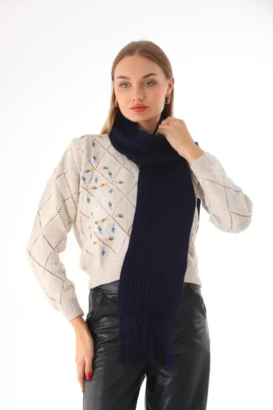 Women's Thessaloniki Knitted Navy Blue Scarf-Navy Blue - 2