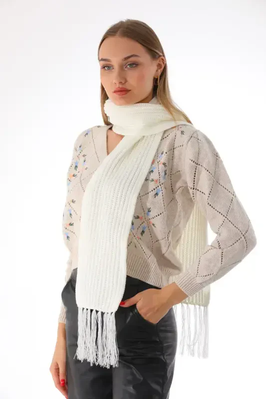 Women's Thessaloniki Knitted White Scarf-White - 2