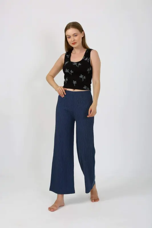 Women's Thick Strap Bodysuit Wide Leg Pants 2-Piece Set Black 4221 - 2