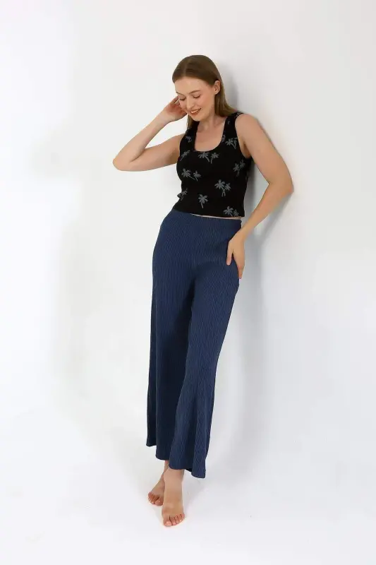 Women's Thick Strap Bodysuit Wide Leg Pants 2-Piece Set Black 4221 - 3