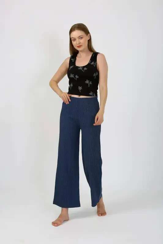 Women's Thick Strap Bodysuit Wide Leg Pants 2-Piece Set Black 4221 - 2