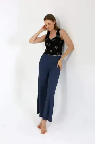 Women's Thick Strap Bodysuit Wide Leg Pants 2-Piece Set Black 4221 - 3