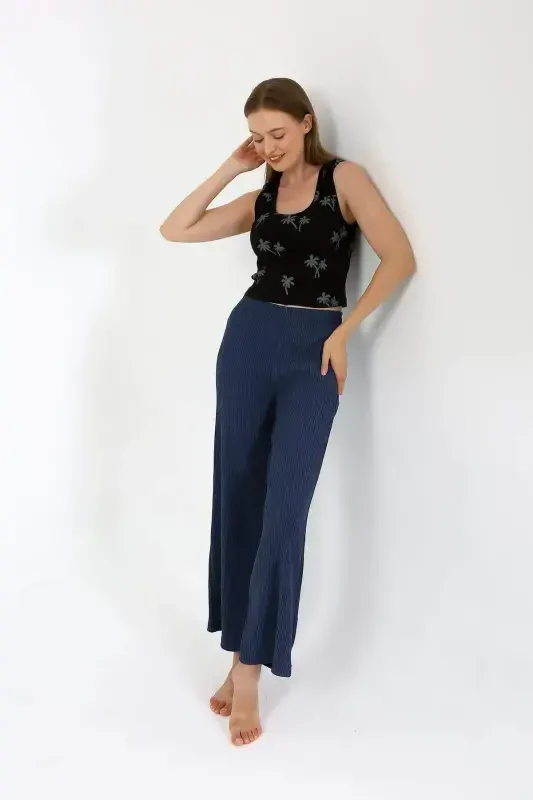 Women's Thick Strap Bodysuit Wide Leg Pants 2-Piece Set Black 4221 - 3