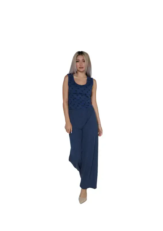 Women's Thick Strap Bodysuit Wide Leg Pants 2-Piece Set Navy Blue 4217 - BÜYÜKBEDENIZ