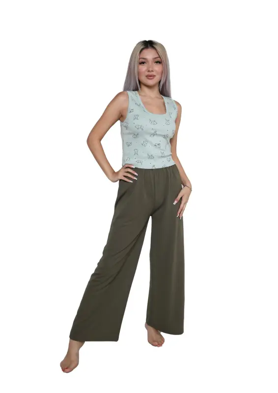 Women's Thick Strap Bodysuit Wide Leg Pants 2-Piece Set Sea Green 4217 - 1