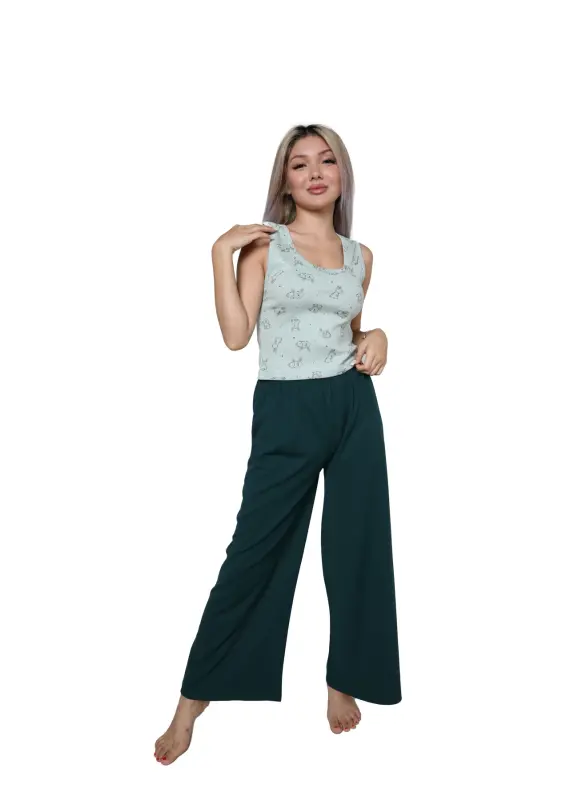 Women's Thick Strap Bodysuit Wide Leg Pants 2-Piece Set Water Green 4218 - 1