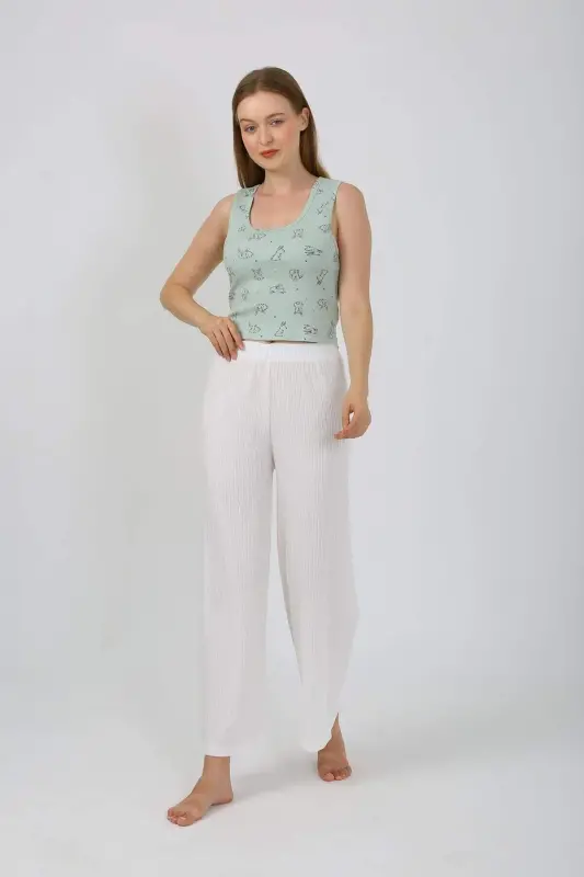Women's Thick Strap Bodysuit Wide Leg Pants 2-Piece Set White 4219 - 3