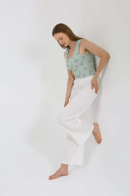 Women's Thick Strap Bodysuit Wide Leg Pants 2-Piece Set White 4219 - 5
