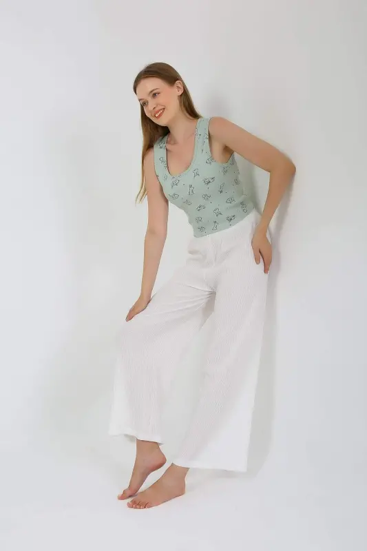 Women's Thick Strap Bodysuit Wide Leg Pants 2-Piece Set White 4219 - 6