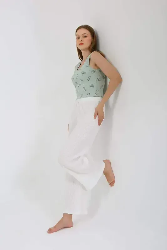 Women's Thick Strap Bodysuit Wide Leg Pants 2-Piece Set White 4219 - 2