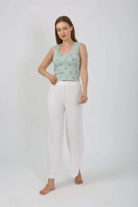 Women's Thick Strap Bodysuit Wide Leg Pants 2-Piece Set White 4219 - 3