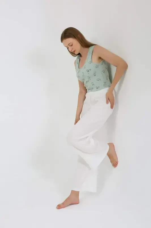 Women's Thick Strap Bodysuit Wide Leg Pants 2-Piece Set White 4219 - 5