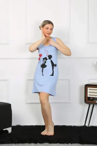 Women's Thick Strap Cotton Above Knee Blue Nightgown 11310 - 4