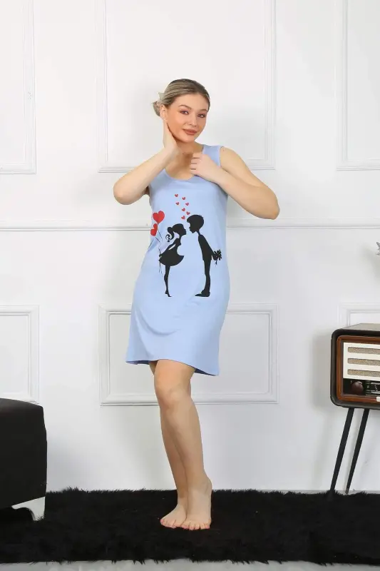 Women's Thick Strap Cotton Above Knee Blue Nightgown 11310 - 4