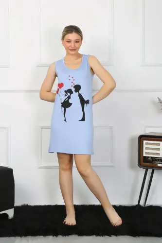 Women's Thick Strap Cotton Above Knee Blue Nightgown 11310 - 5