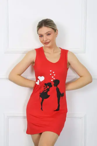 Women's Thick Strap Cotton Above Knee Length Red Nightgown 11310 - 1