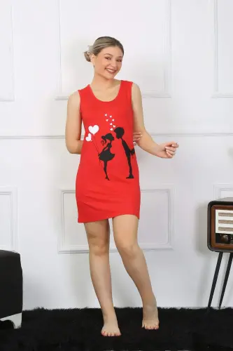 Women's Thick Strap Cotton Above Knee Length Red Nightgown 11310 - BÜYÜKBEDENIZ (1)
