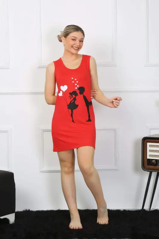 Women's Thick Strap Cotton Above Knee Length Red Nightgown 11310 - 2