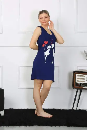Women's Thick Strap Cotton Knee-Length Navy Blue Nightgown 11310 - 1