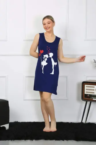 Women's Thick Strap Cotton Knee-Length Navy Blue Nightgown 11310 - 2