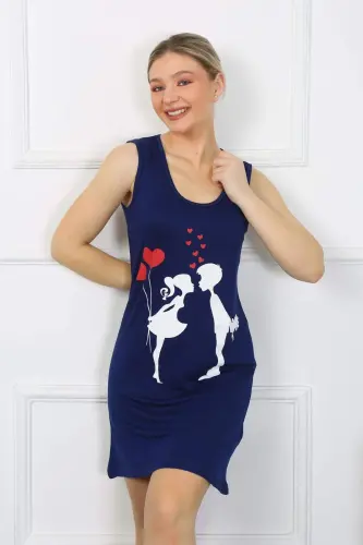 Women's Thick Strap Cotton Knee-Length Navy Blue Nightgown 11310 - 3