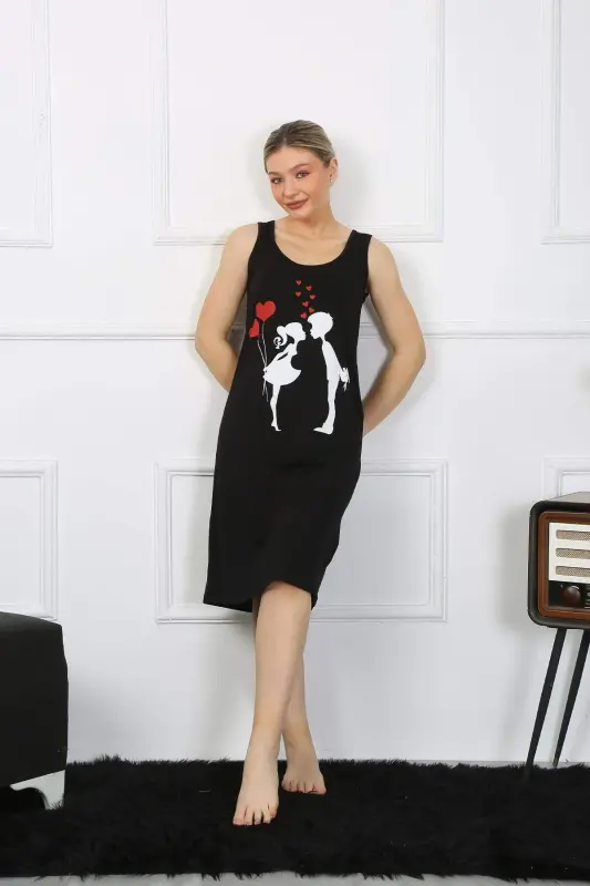 Women's Thick Strap Cotton Long Black Nightgown 12001 - BÜYÜKBEDENIZ