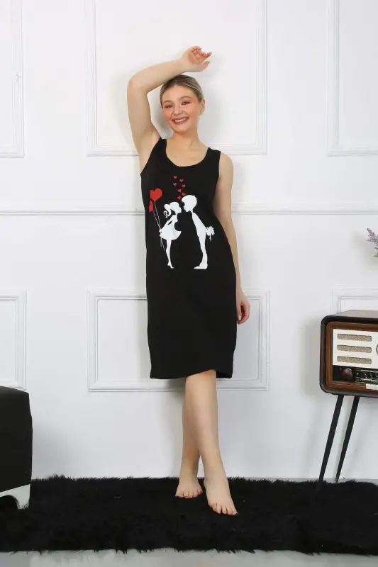 Women's Thick Strap Cotton Long Black Nightgown 12001 - 2