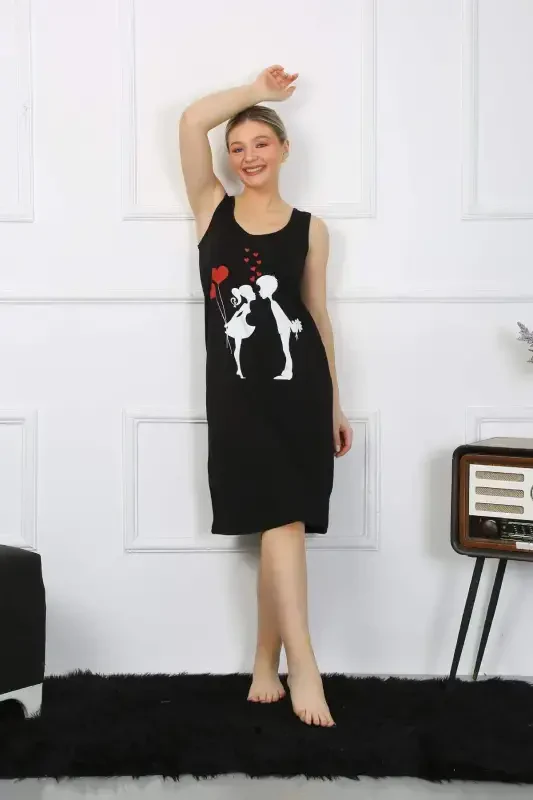 Women's Thick Strap Cotton Long Black Nightgown 12001 - 2