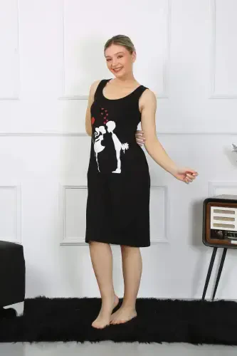 Women's Thick Strap Cotton Long Black Nightgown 12001 - 3
