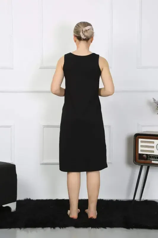 Women's Thick Strap Cotton Long Black Nightgown 12001 - 4