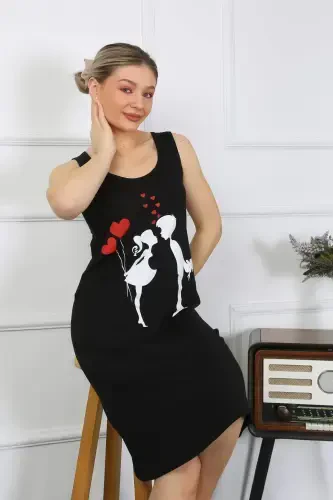 Women's Thick Strap Cotton Long Black Nightgown 12001 - 5