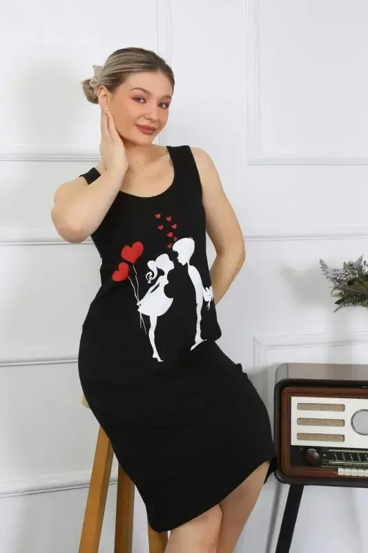 Women's Thick Strap Cotton Long Black Nightgown 12001 - 5