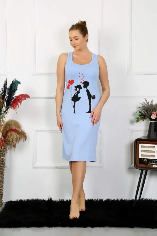 Women's Thick Strap Cotton Long Blue Nightgown 12001 - 4