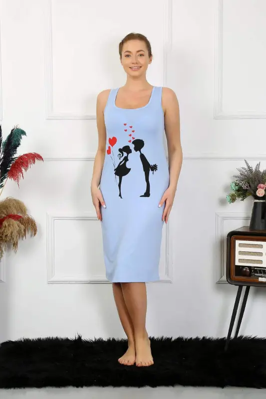 Women's Thick Strap Cotton Long Blue Nightgown 12001 - 11