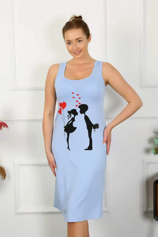 Women's Thick Strap Cotton Long Blue Nightgown 12001 - BÜYÜKBEDENIZ