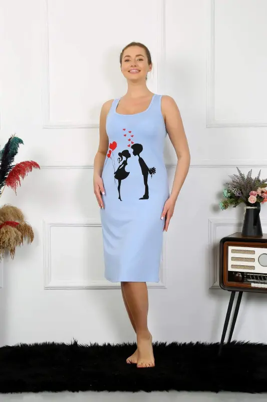 Women's Thick Strap Cotton Long Blue Nightgown 12001 - 2