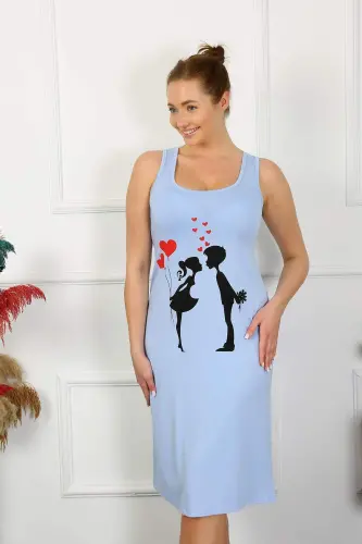 Women's Thick Strap Cotton Long Blue Nightgown 12001 - 3