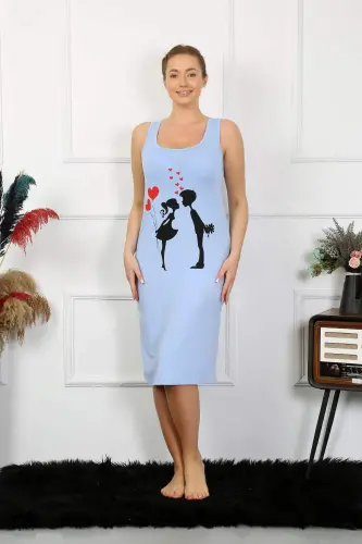 Women's Thick Strap Cotton Long Blue Nightgown 12001 - 5