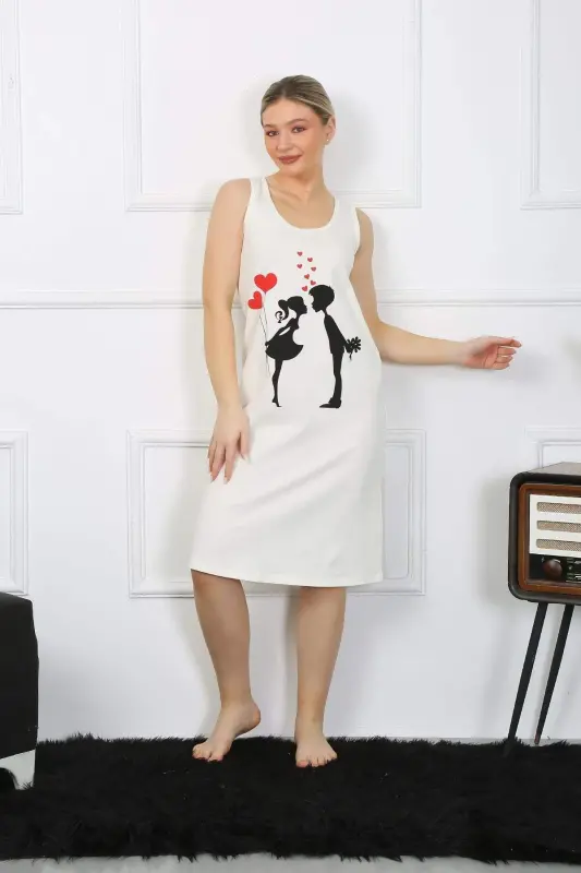 Women's Thick Strap Cotton Long Ecru Nightdress 12001 - 4