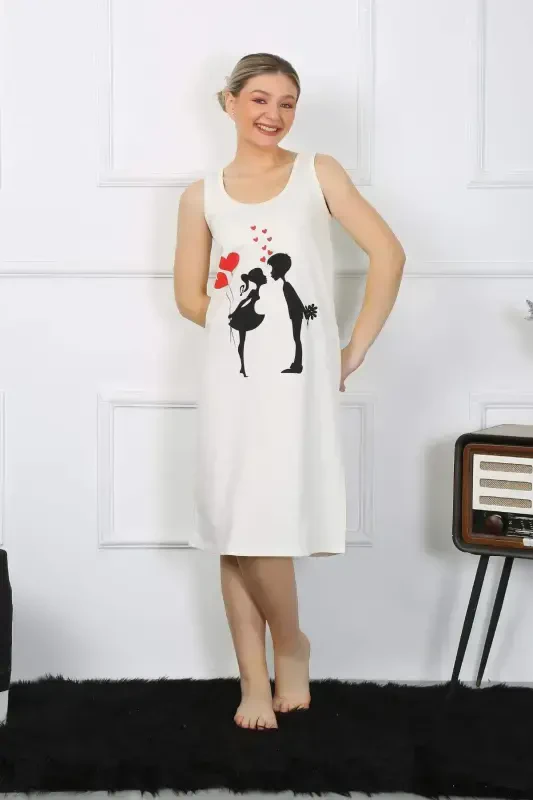 Women's Thick Strap Cotton Long Ecru Nightdress 12001 - BÜYÜKBEDENIZ
