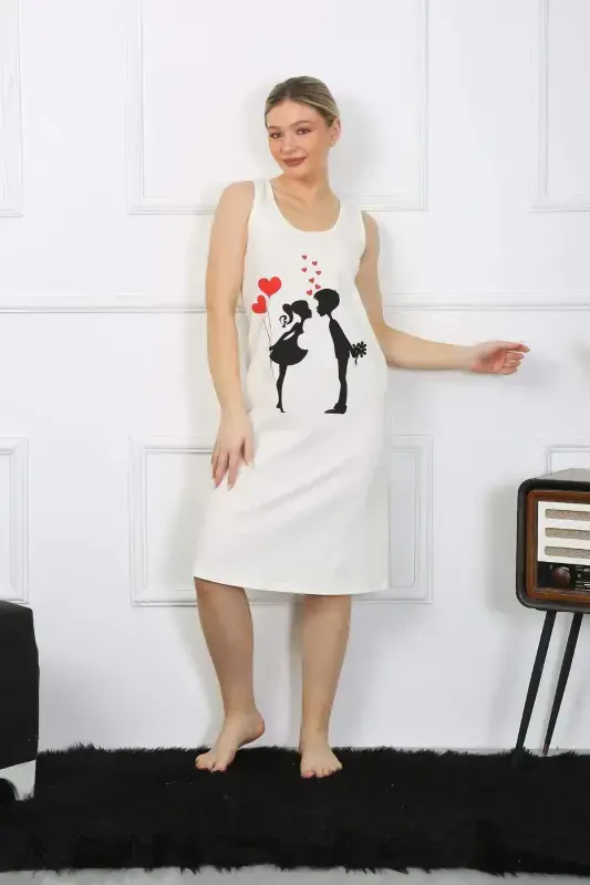 Women's Thick Strap Cotton Long Ecru Nightdress 12001 - 4