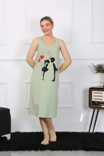 Women's Thick Strap Cotton Long Pistachio Green Nightgown 12001 - 1