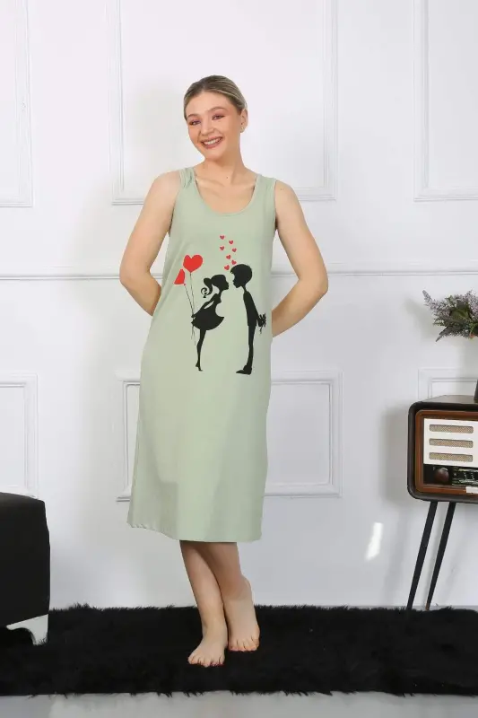 Women's Thick Strap Cotton Long Pistachio Green Nightgown 12001 - BÜYÜKBEDENIZ