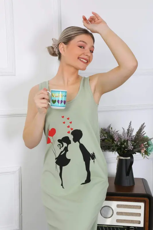 Women's Thick Strap Cotton Long Pistachio Green Nightgown 12001 - 4