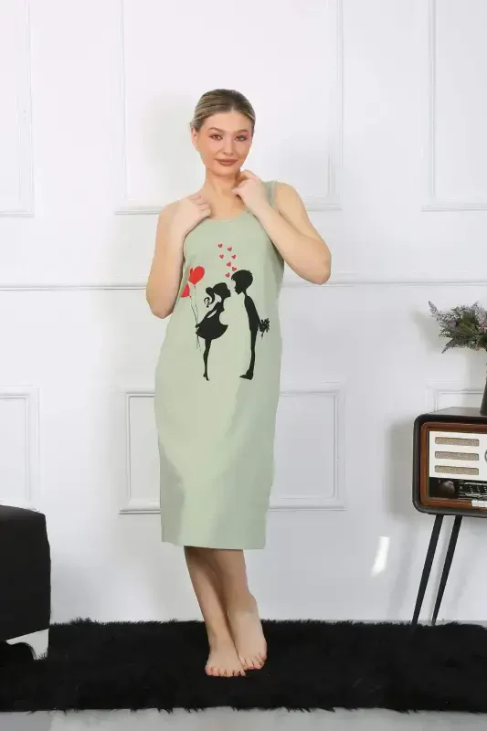 Women's Thick Strap Cotton Long Pistachio Green Nightgown 12001 - 2