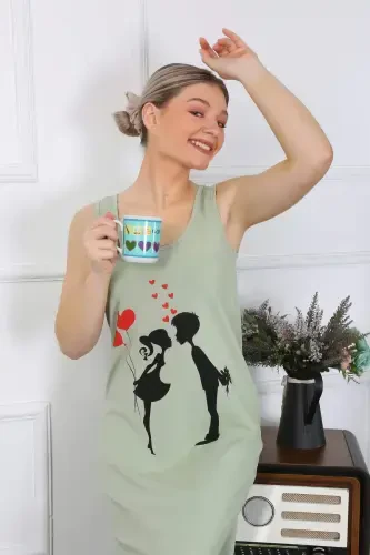 Women's Thick Strap Cotton Long Pistachio Green Nightgown 12001 - 4