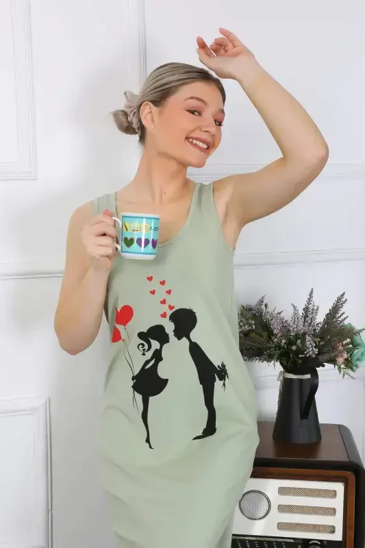 Women's Thick Strap Cotton Long Pistachio Green Nightgown 12001 - 4