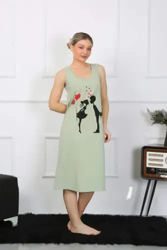 Women's Thick Strap Cotton Long Pistachio Green Nightgown 12001 - 5