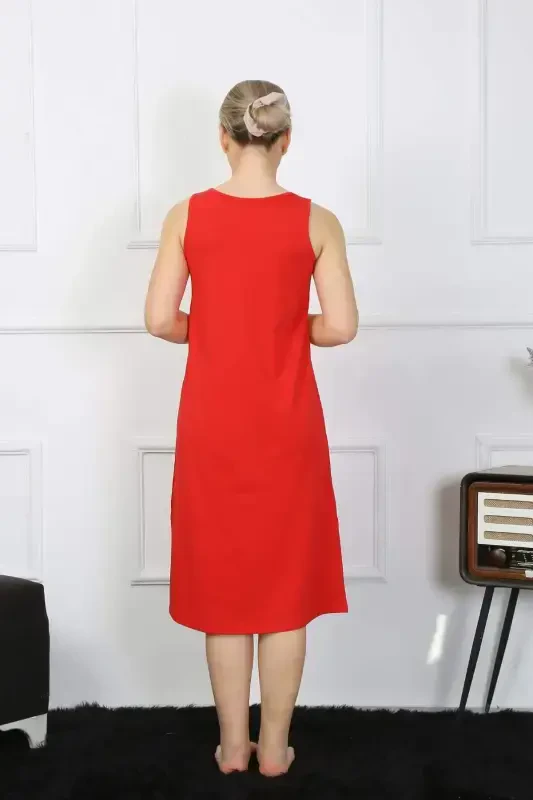 Women's Thick Strap Cotton Long Red Nightgown 12001 - 2